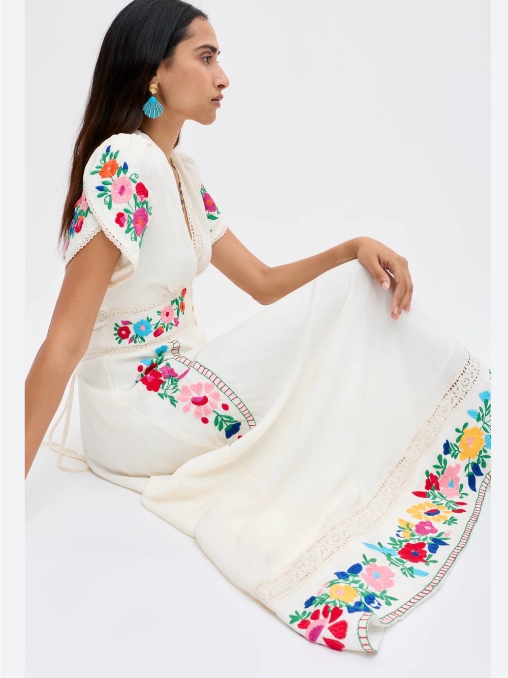 RIXO White Maxi Dress with Multicolor Floral Embroidery sz M Uk l nwt